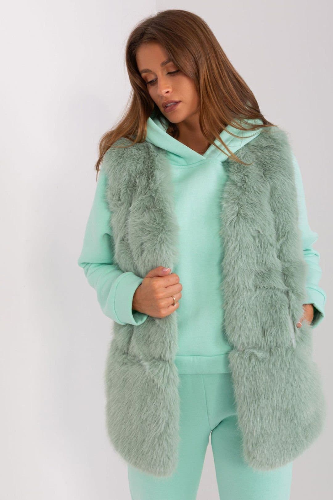Love Lace Love Lace Women's Soft Polyester Faux Fur Vest with Pockets Style 187600 in Green
