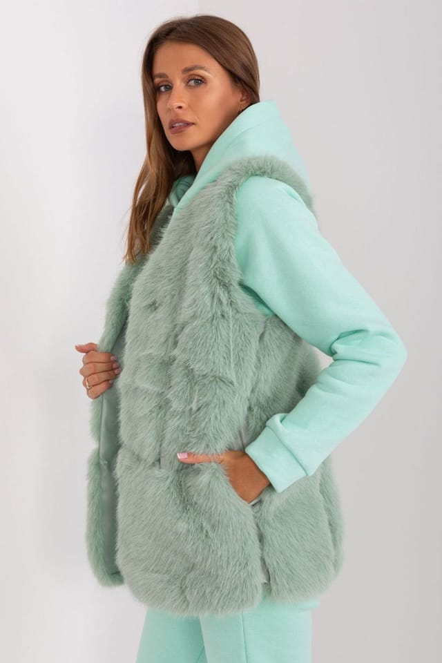 Love Lace Love Lace Women's Soft Polyester Faux Fur Vest with Pockets Style 187600 in Green - 2