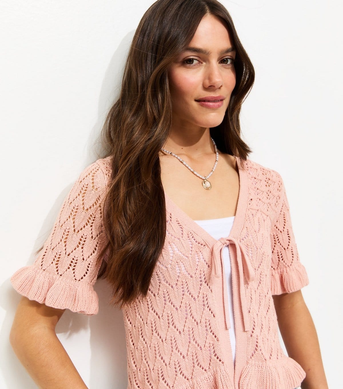 New Look Women's Petite Light Pink Open Knit Stitch Tie Short Sleeve Cardigan New Look - 1