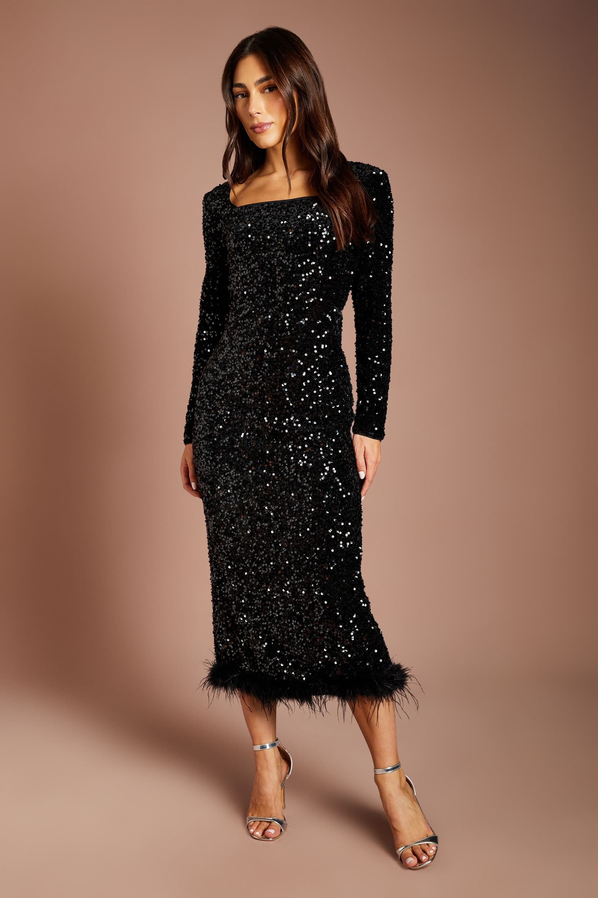 Coast Coast Women's Sequin Party Long Sleeve Midi Dress With Feather Hem in Black