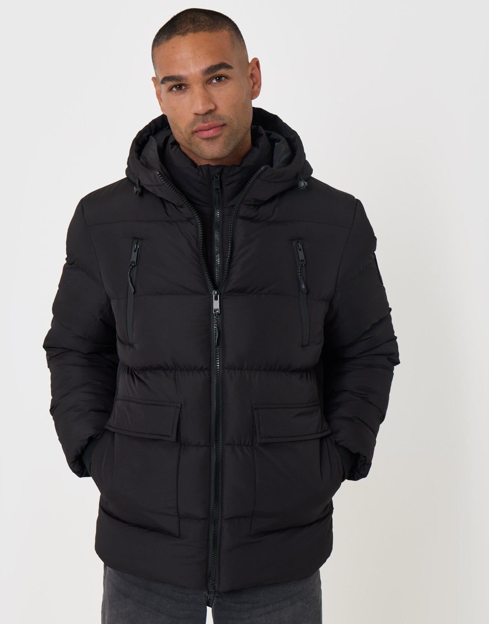 Threadbare threadbare Men's Showerproof Padded Double Zip Coat in Black