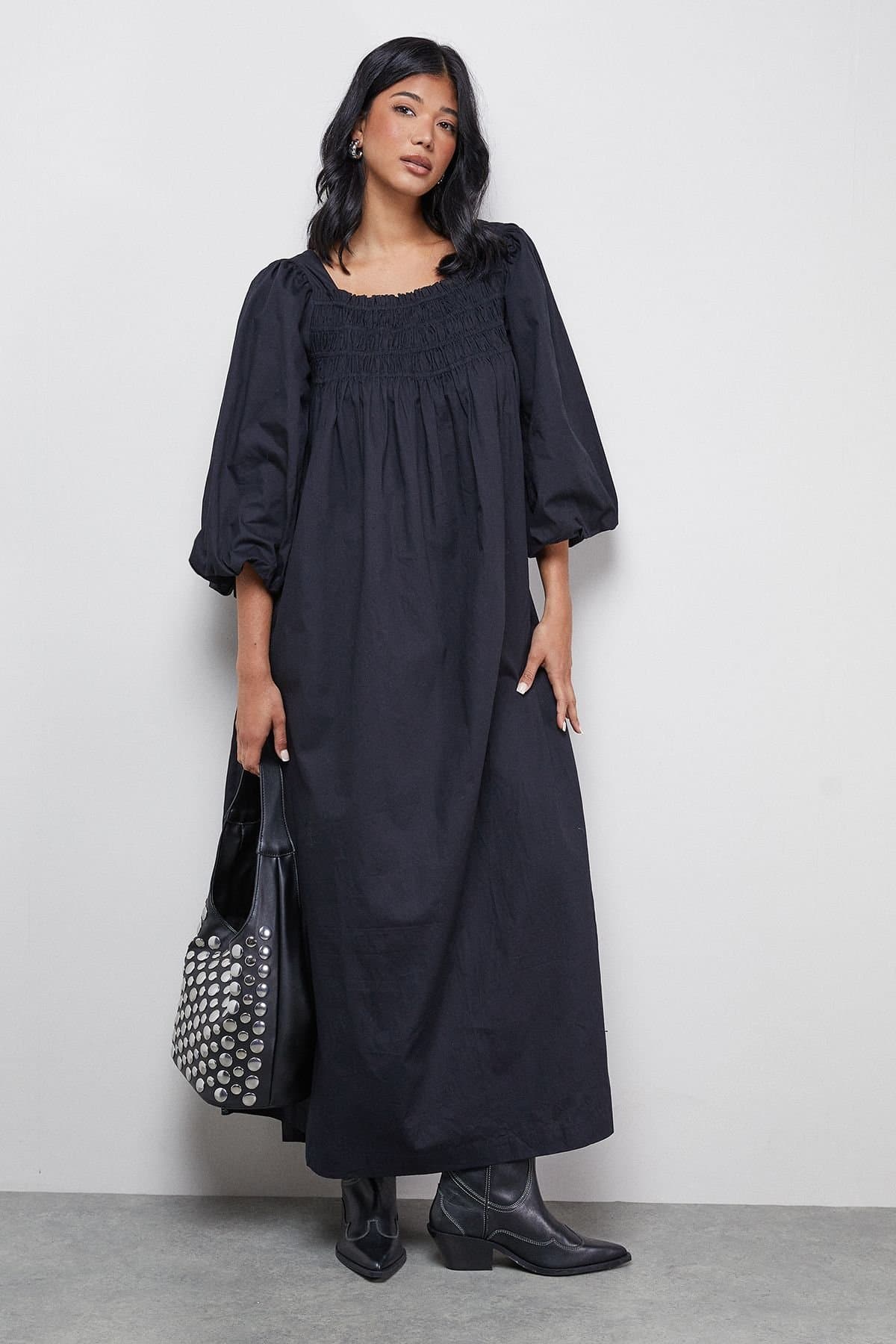 Warehouse Warehouse Women's Cotton Shirred Square Neck Midi Dress in Black