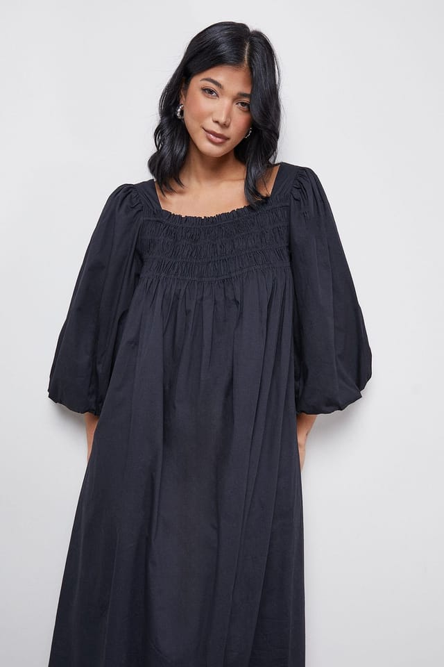 Warehouse Warehouse Women's Cotton Shirred Square Neck Midi Dress in Black - 2