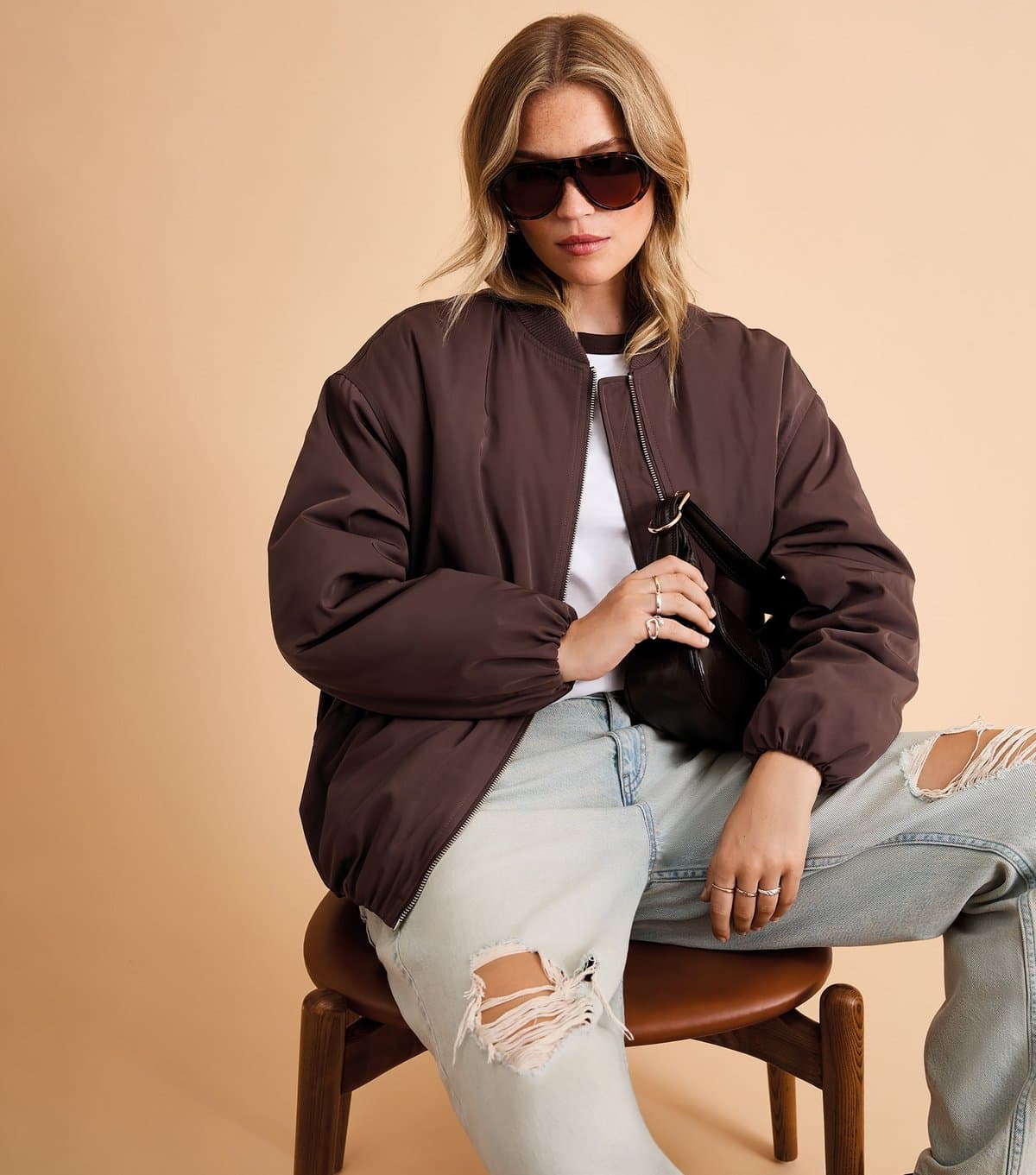 New Look Women's Dark Brown Longline Padded Bomber Jacket New Look