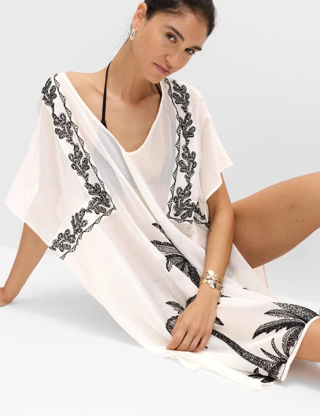 Marks & Spencer M&S Cotton Rich Embroidered Mini Kaftan Dress Black Mix - 4
