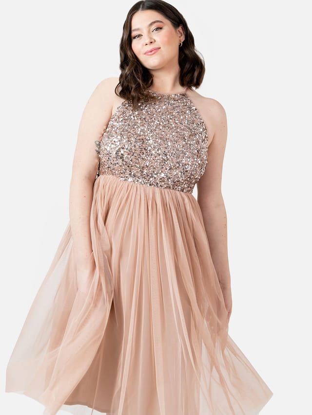 Maya Deluxe Maya Deluxe Women's Embellished Halter Neck Midi Dress in Taupe - 2