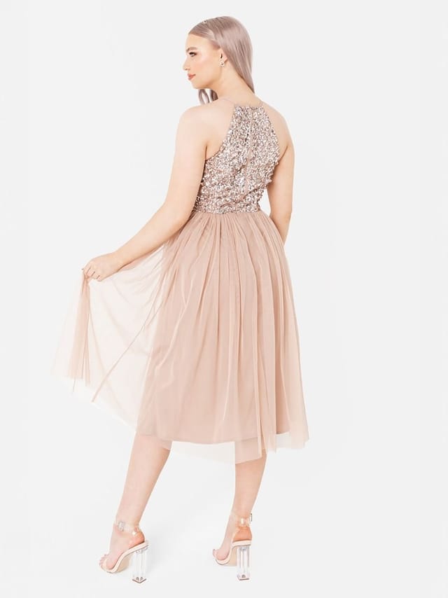 Maya Deluxe Maya Deluxe Women's Embellished Halter Neck Midi Dress in Taupe - 3