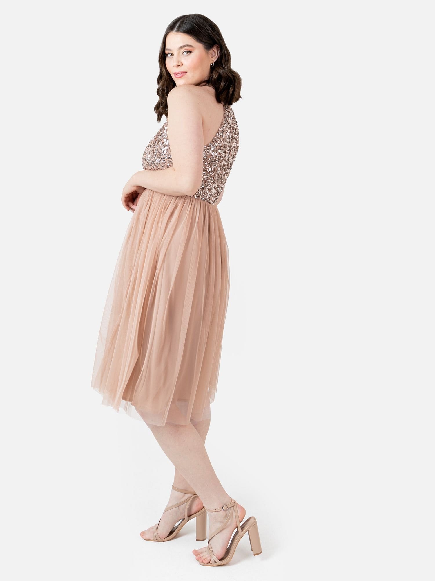 Maya Deluxe Maya Deluxe Women's Embellished Halter Neck Midi Dress in Taupe - 4