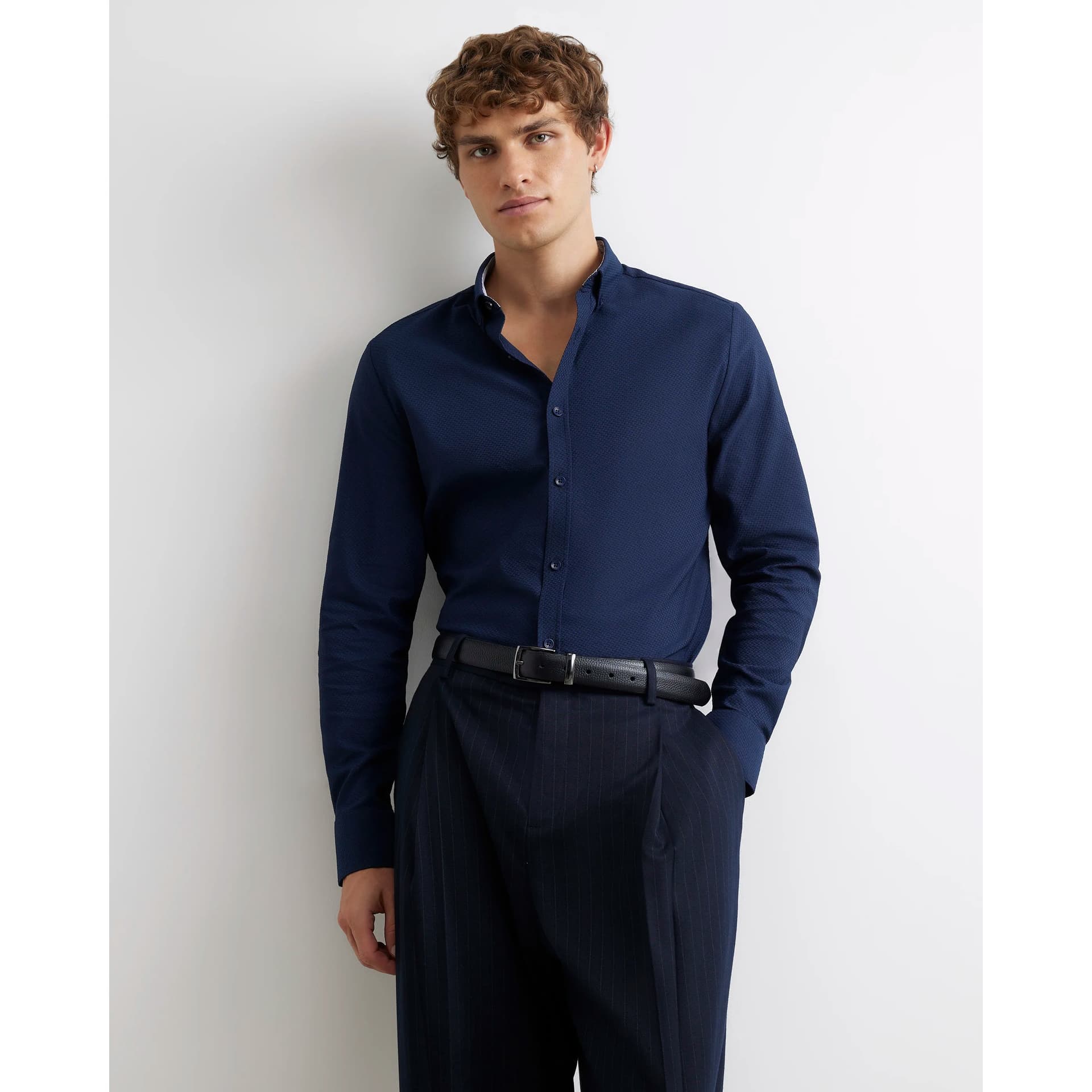 River Island Mens River Island Navy Muscle Fit Textured Long Sleeve Shirt