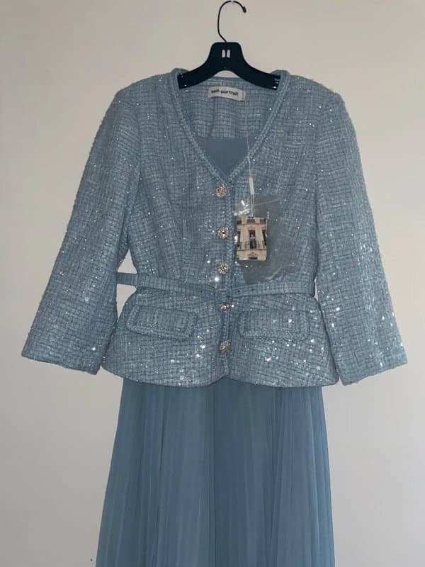 Self-Portrait Self-Portrait Pleated Boucle Chiffon Blue Midi Tweed Dress Size UK 8 RRP £460