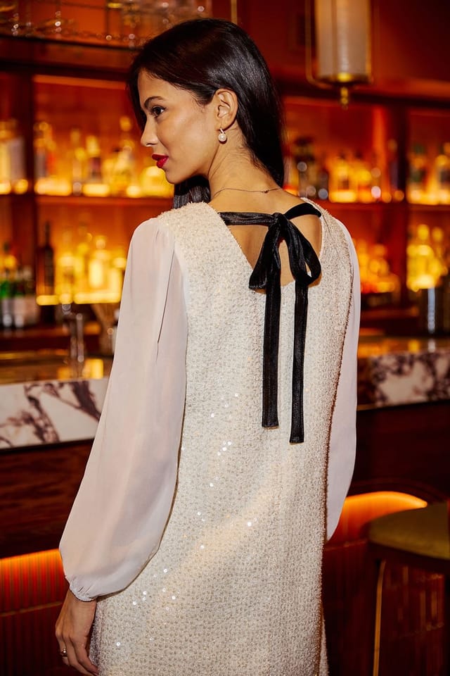 Yumi Yumi Women's White Sequin Tunic With Tie Back & Sheer Sleeves - 3