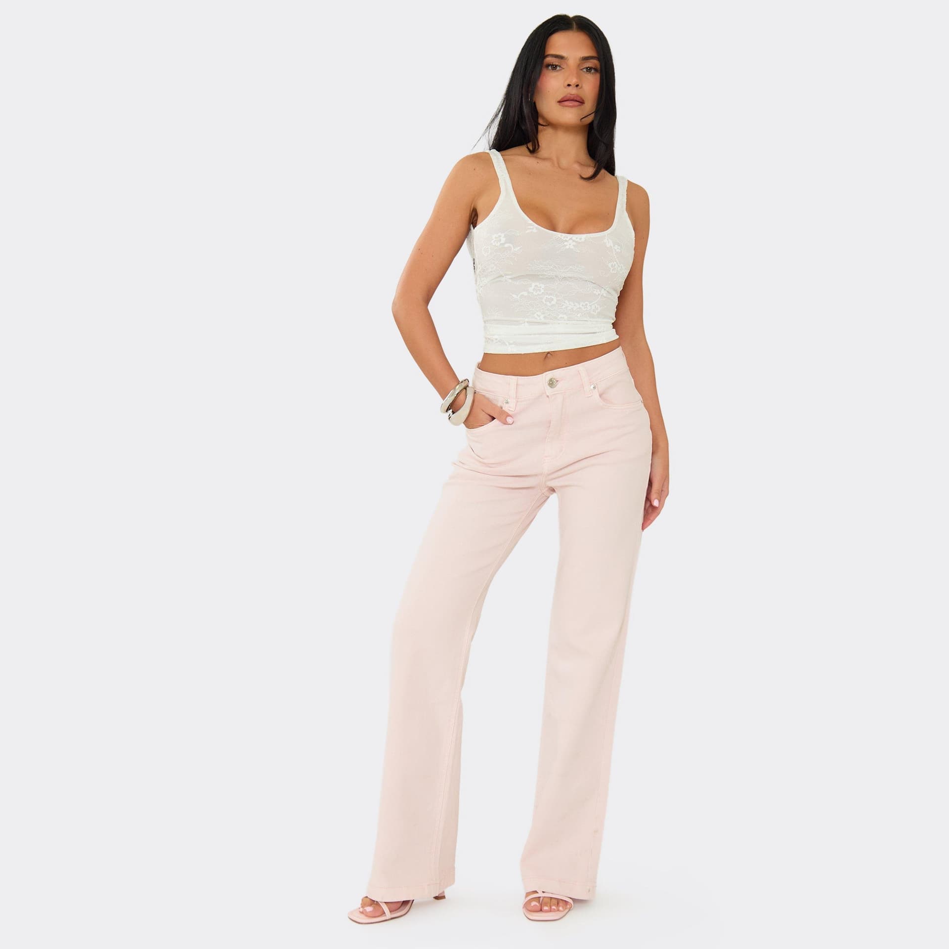EGO Mid Rise Straight Leg Jeans In Baby Pink Denim, Women's Size UK L