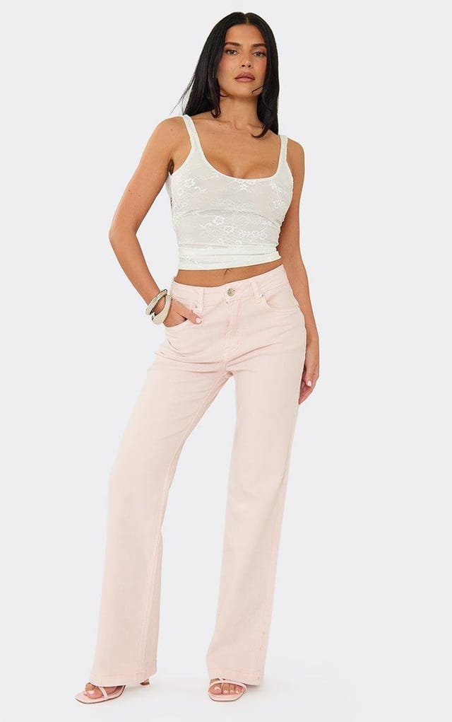 EGO Mid Rise Straight Leg Jeans In Baby Pink Denim, Women's Size UK L - 2