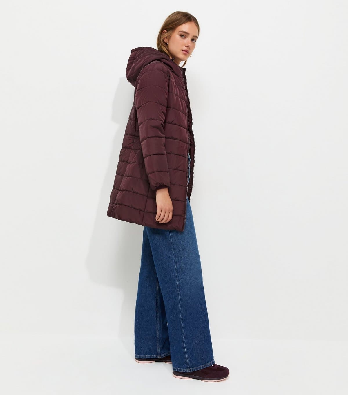 New Look New Look Burgundy Hooded Midi Puffer Jacket