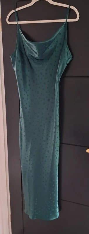 New Look Satin, spotty green cowl neck dress