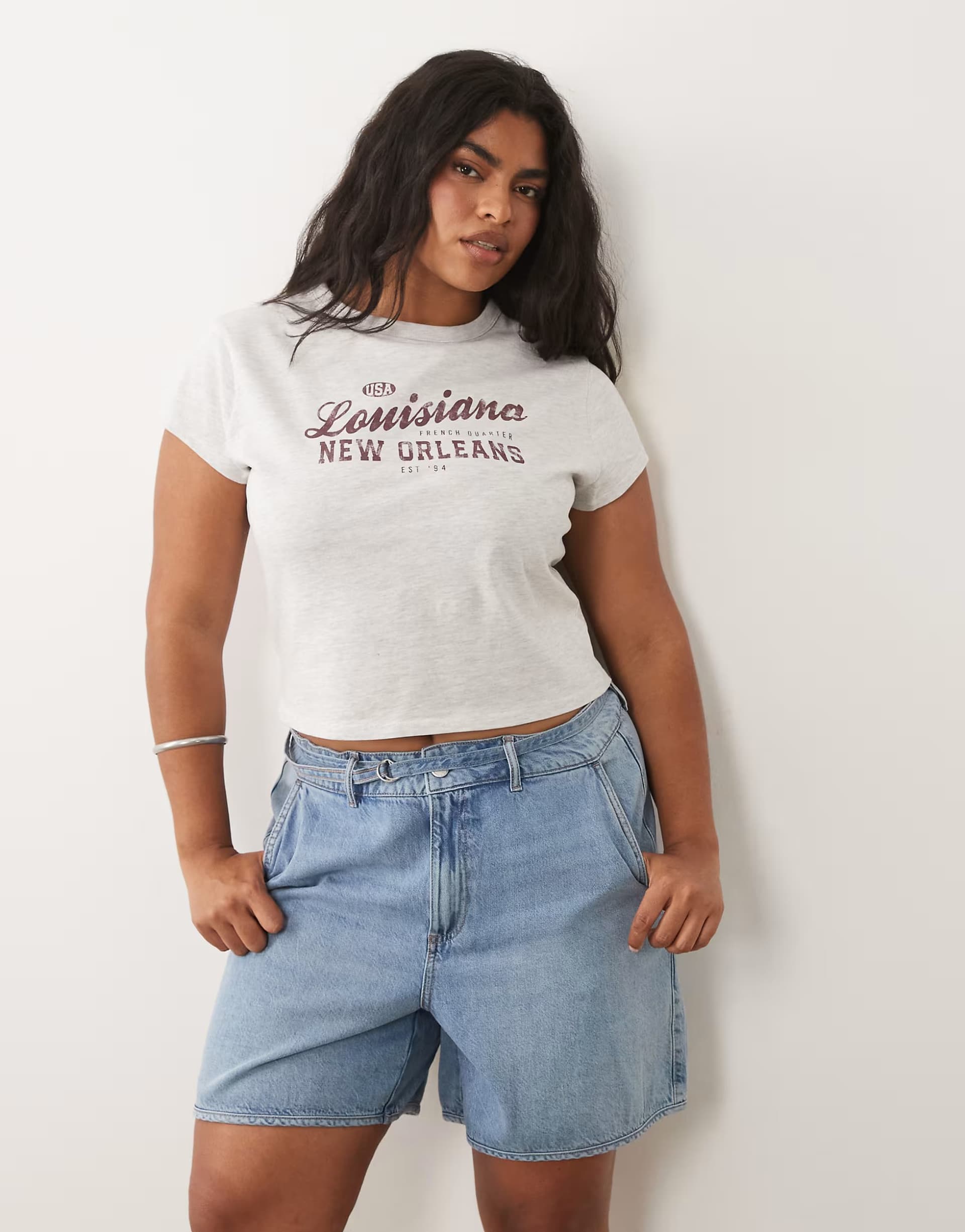 ASOS Vila Curve belted denim shorts in light blue