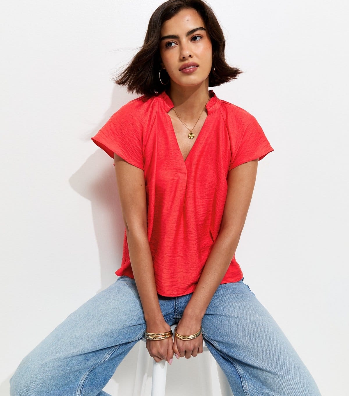 New Look Dark Pink Crinkled Flutter Sleeve Blouse