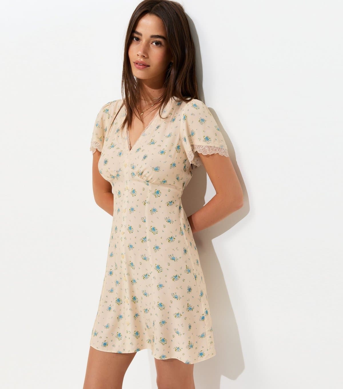 New Look Women's Cream Floral Lace Trim Short Sleeve Mini Dress New Look