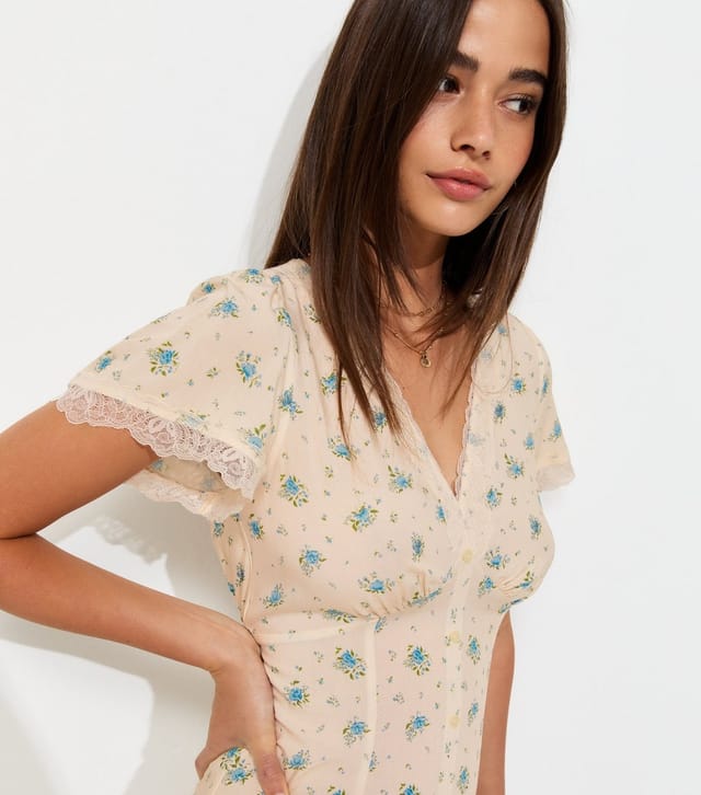 New Look Women's Cream Floral Lace Trim Short Sleeve Mini Dress New Look - 2