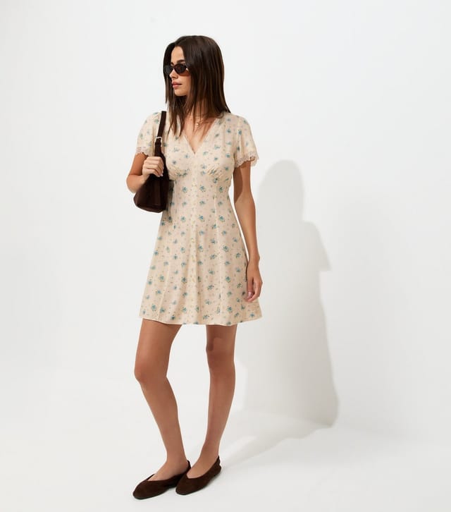 New Look Women's Cream Floral Lace Trim Short Sleeve Mini Dress New Look - 3