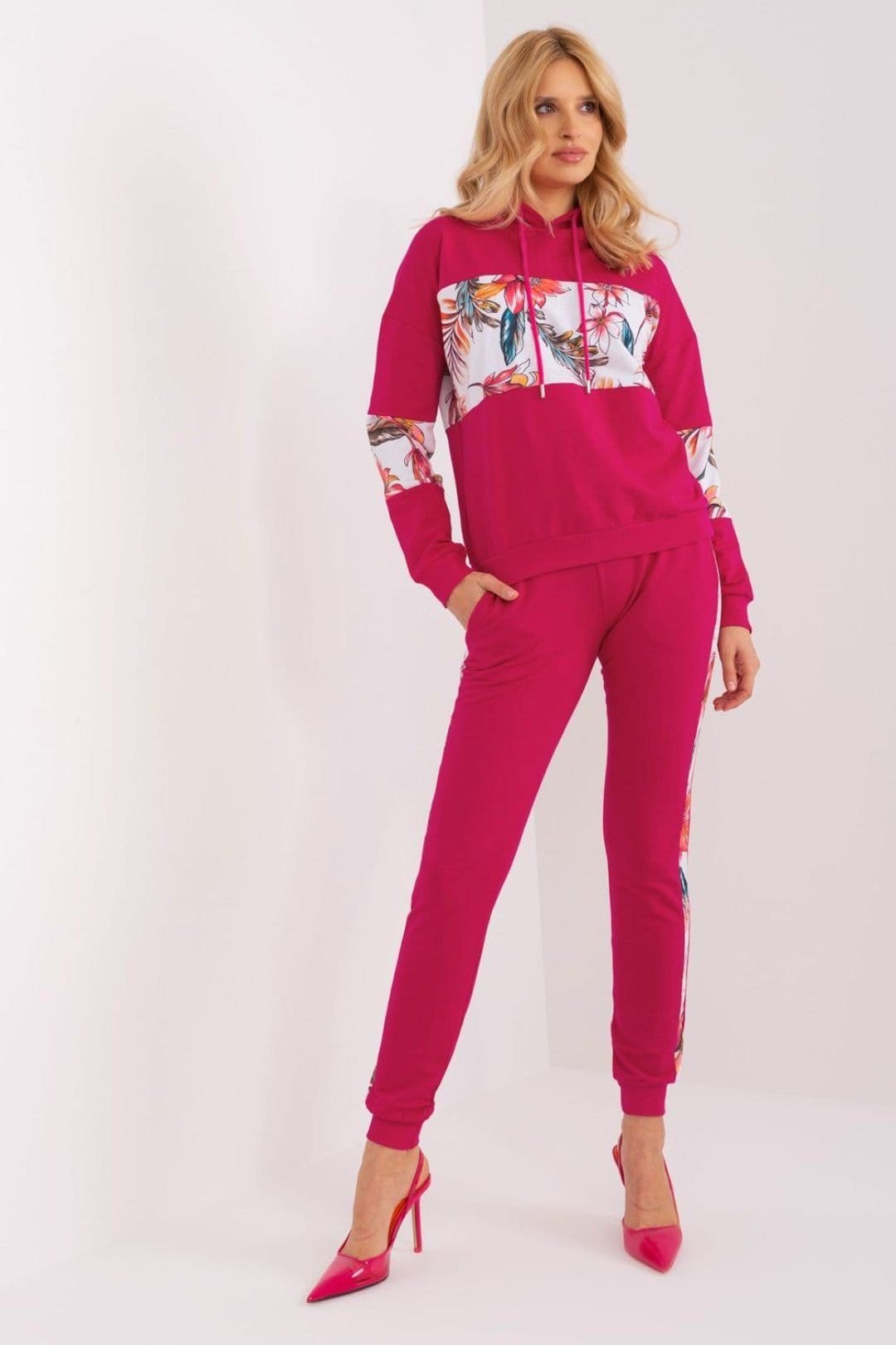 Love Lace Pink Cotton Floral Hoodie Tracksuit Set