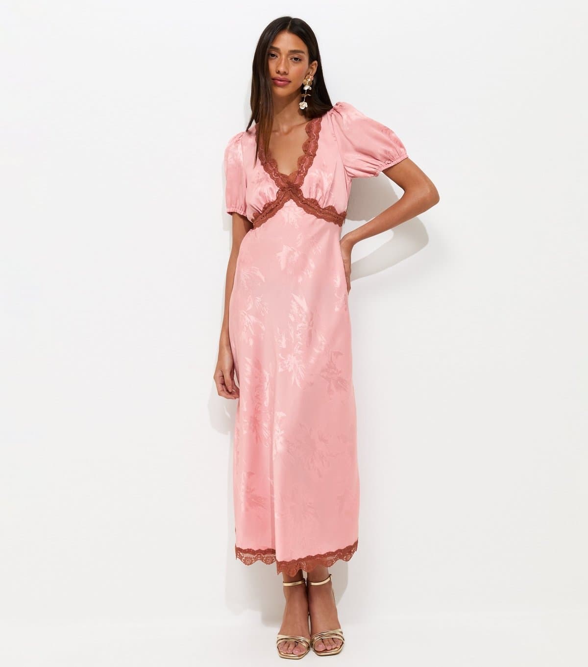 New Look Women's Pink Satin Jacquard Lace Trimmed Midi Dress New Look