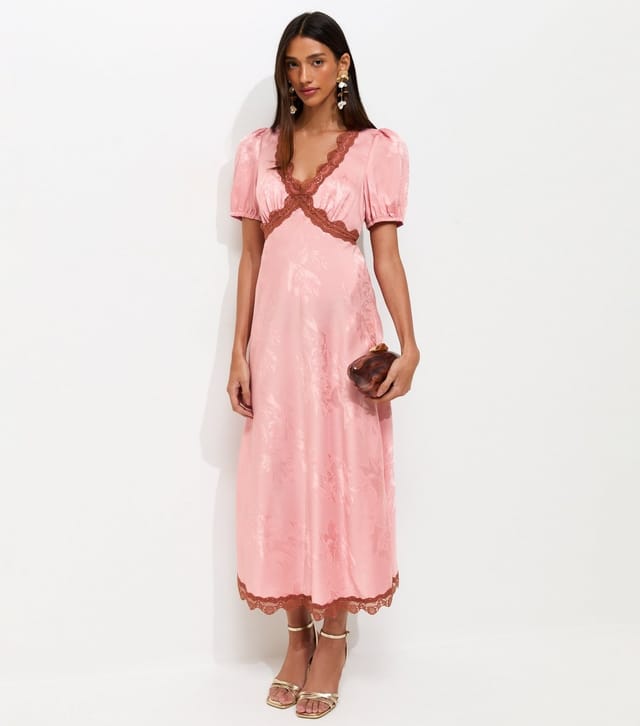 New Look Women's Pink Satin Jacquard Lace Trimmed Midi Dress New Look - 2