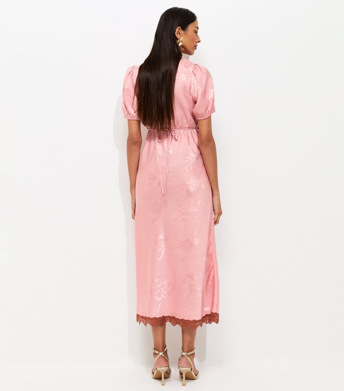 New Look Women's Pink Satin Jacquard Lace Trimmed Midi Dress New Look - 4
