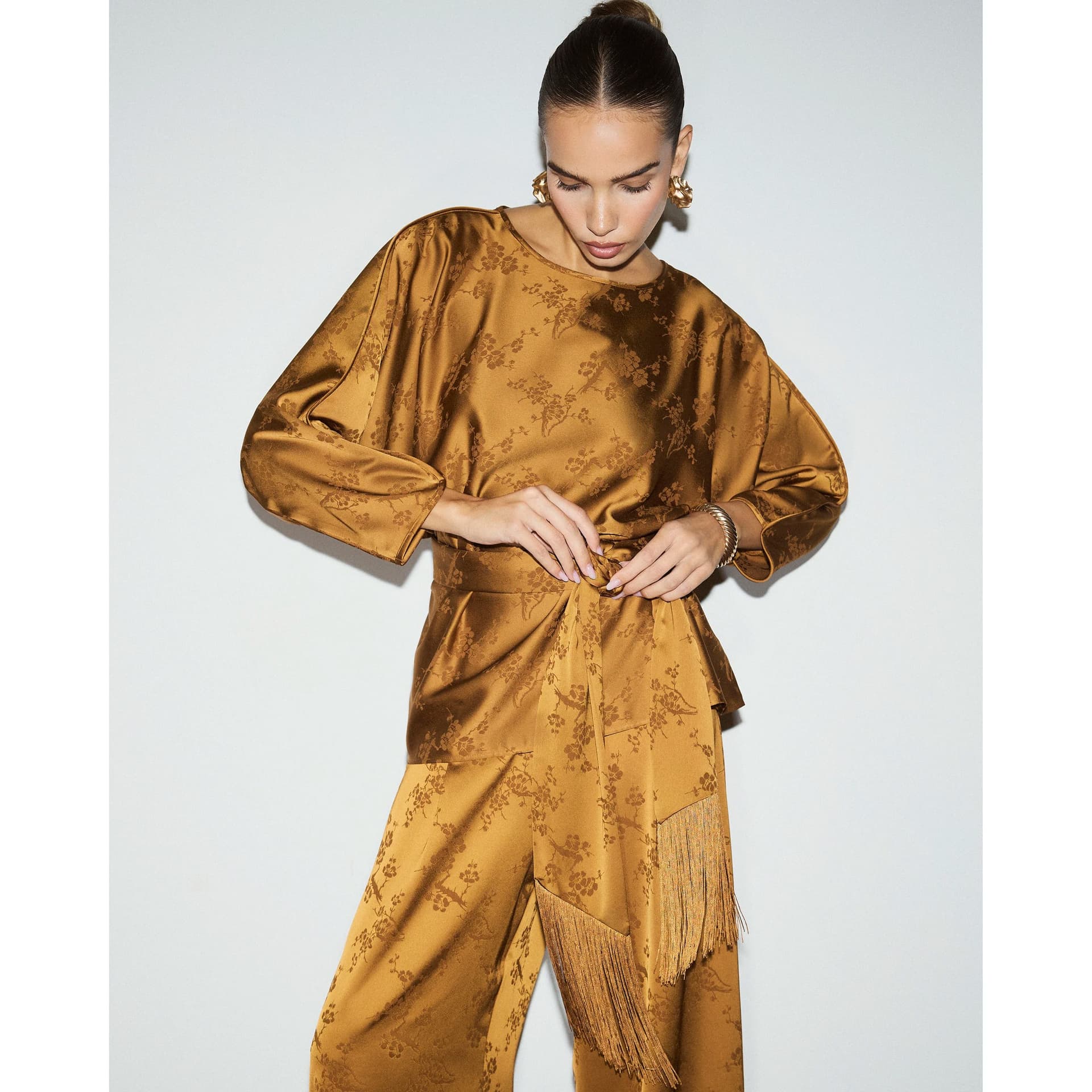 River Island River Island Womens Brown Satin Floral Obi Belt Batwing Top