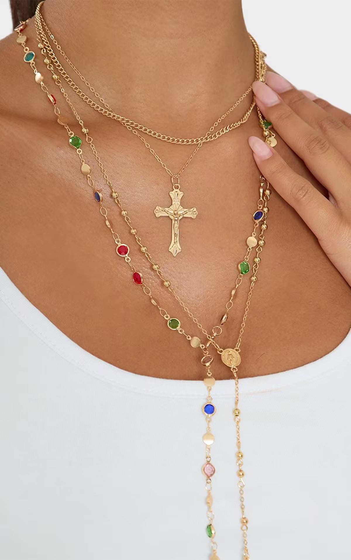 EGO Multi Colour Gem And Cross Detail Layered Chain Necklace In Gold., Women's Size UK 0 - 1