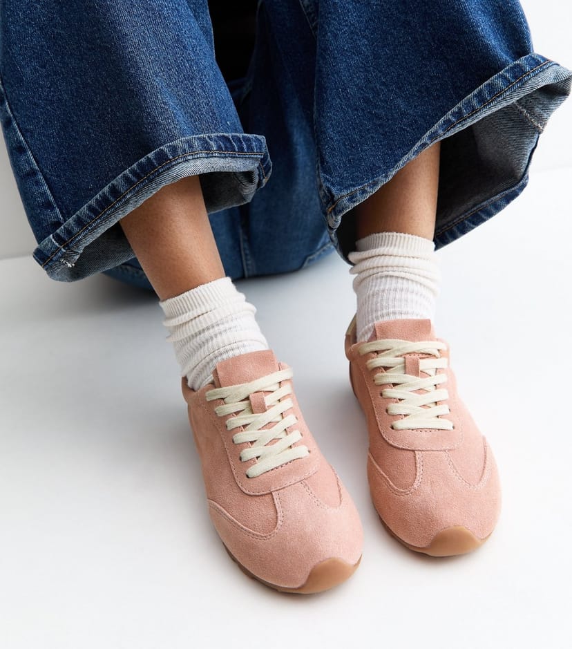 New Look Women's Premium Real Leather Light Pink Suede Contrast Heel Lace Up Trainers New Look - 1