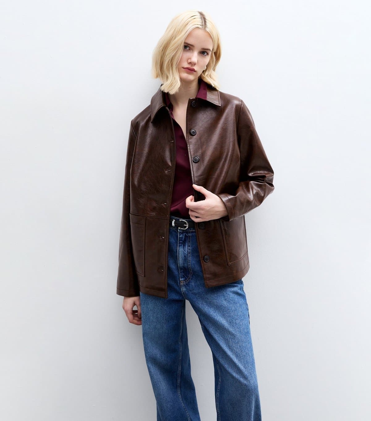 New Look Women's Brown Button Up Faux Leather Jacket New Look