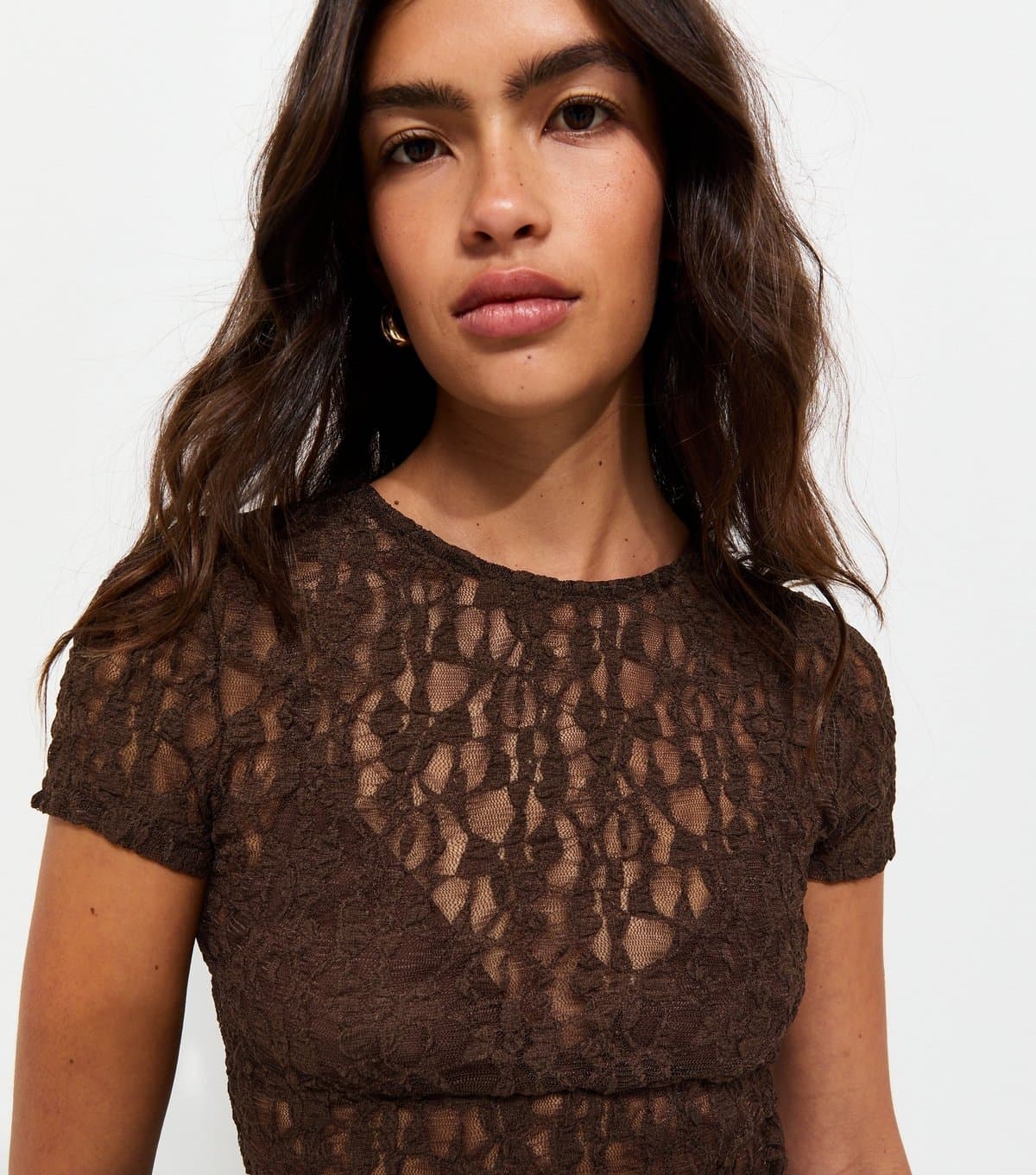 New Look Women's Dark Brown Sheer Floral Lace Baby Tee New Look