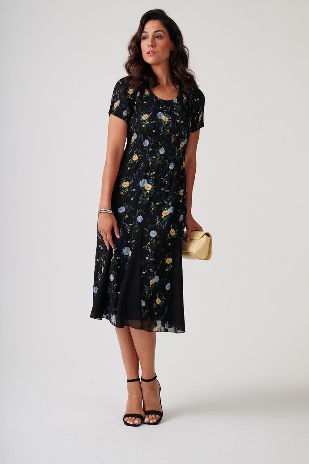 Anna Rose Anna Rose Women's Garden Print Pleated Midi Dress in Black