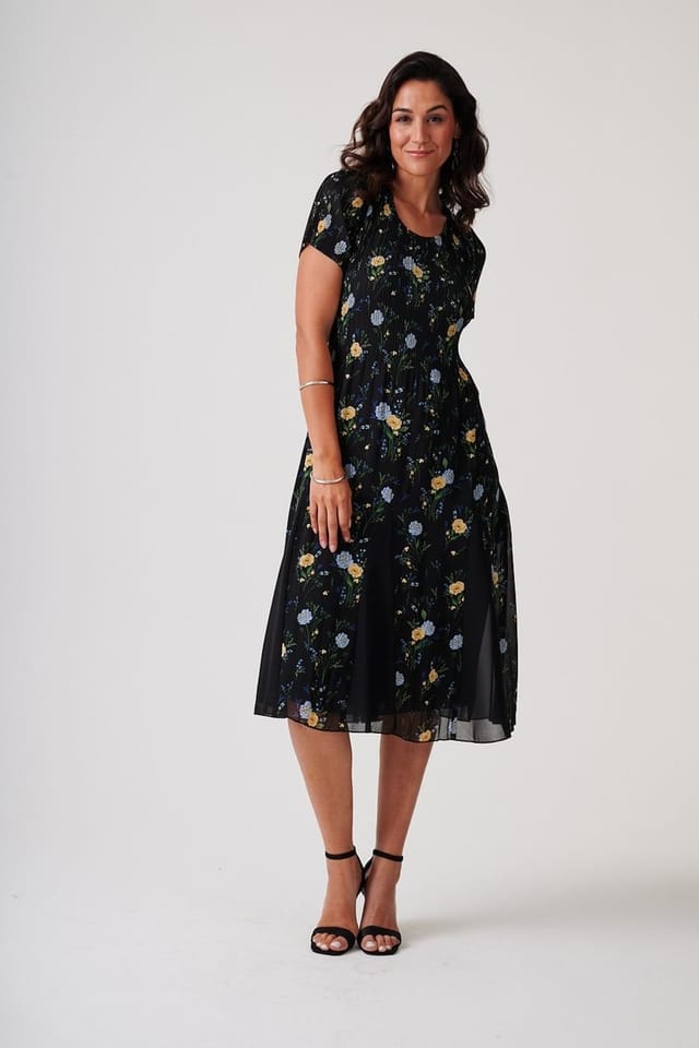 Anna Rose Anna Rose Women's Garden Print Pleated Midi Dress in Black - 2