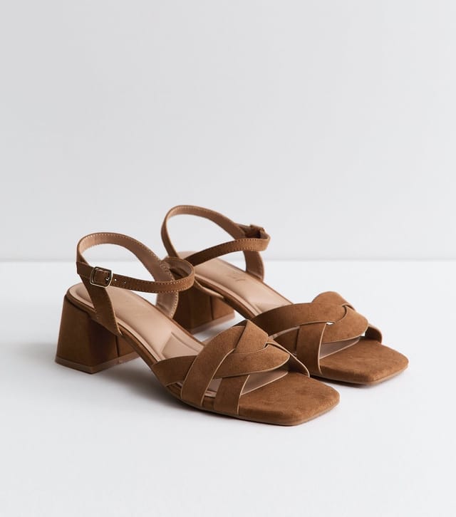 New Look Women's Wide Fit Tan Faux Suede Woven Strap Sandals Vegan New Look - 3