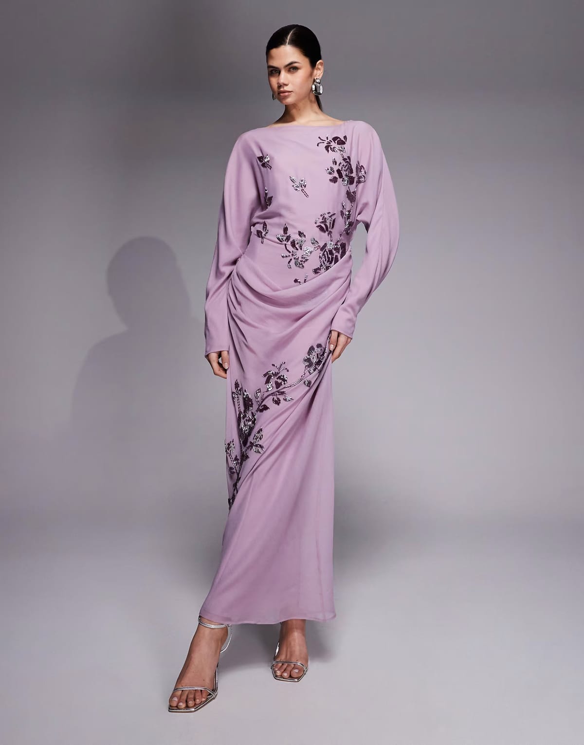 ASOS ASOS DESIGN floral embellished long sleeve draped maxi dress in mauve - 1