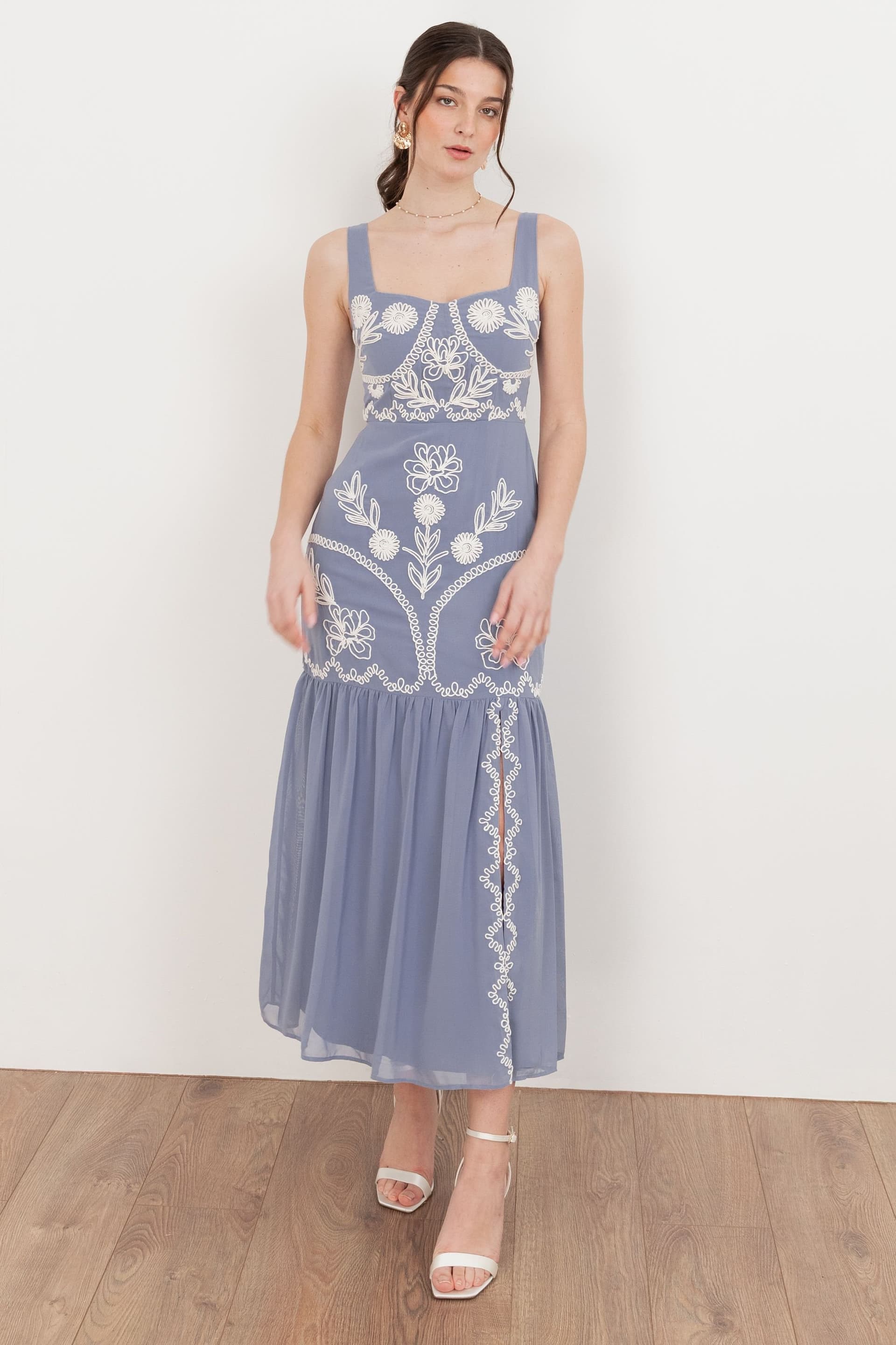 Maya Deluxe Maya Deluxe Women's Embroidered Strappy Midaxi Dress in Blue