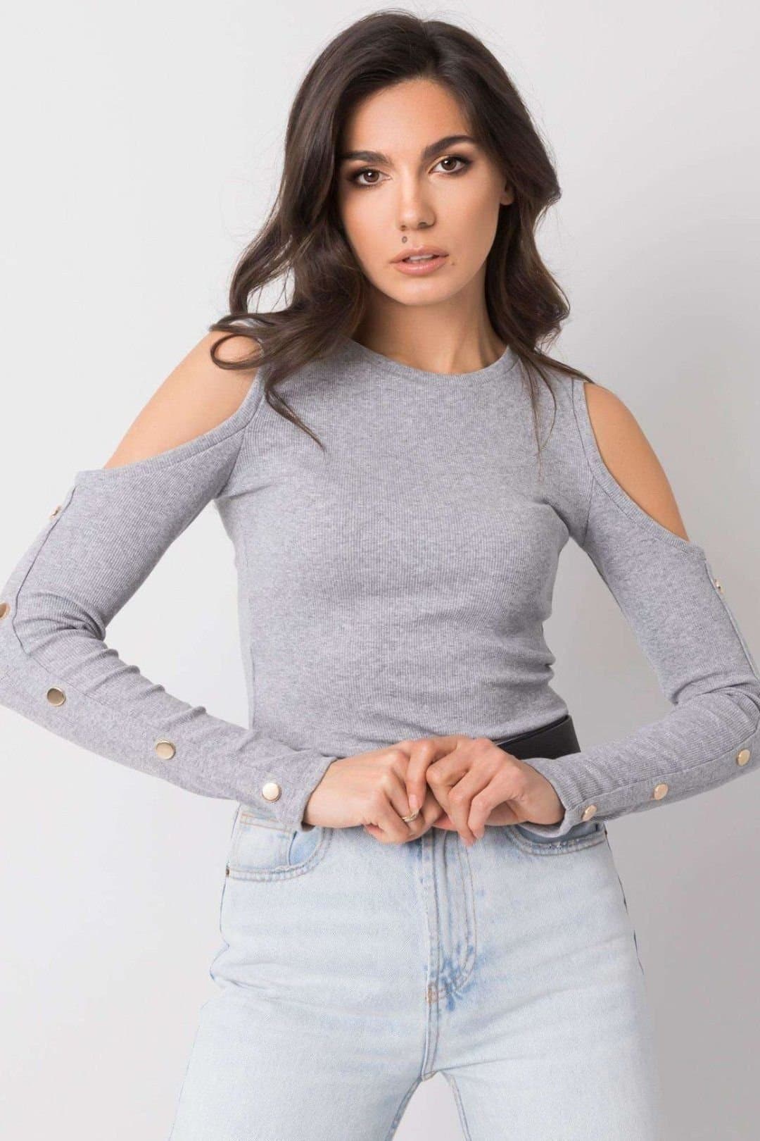 Love Lace Love Lace Grey Ribbed Long Sleeve Fitted Blouse