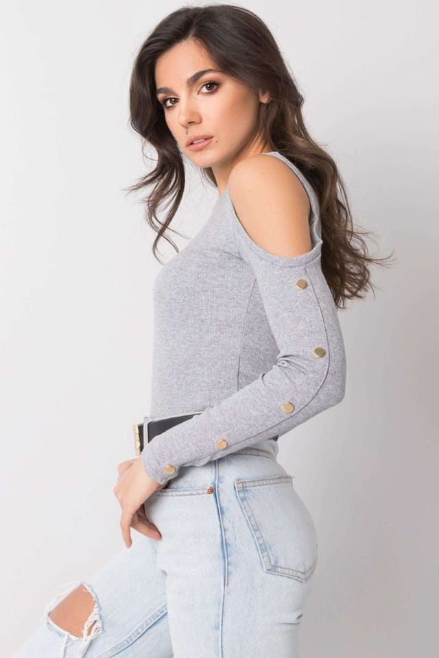 Love Lace Love Lace Women's Ribbed Long Sleeve Fitted Blouse in Grey - 3