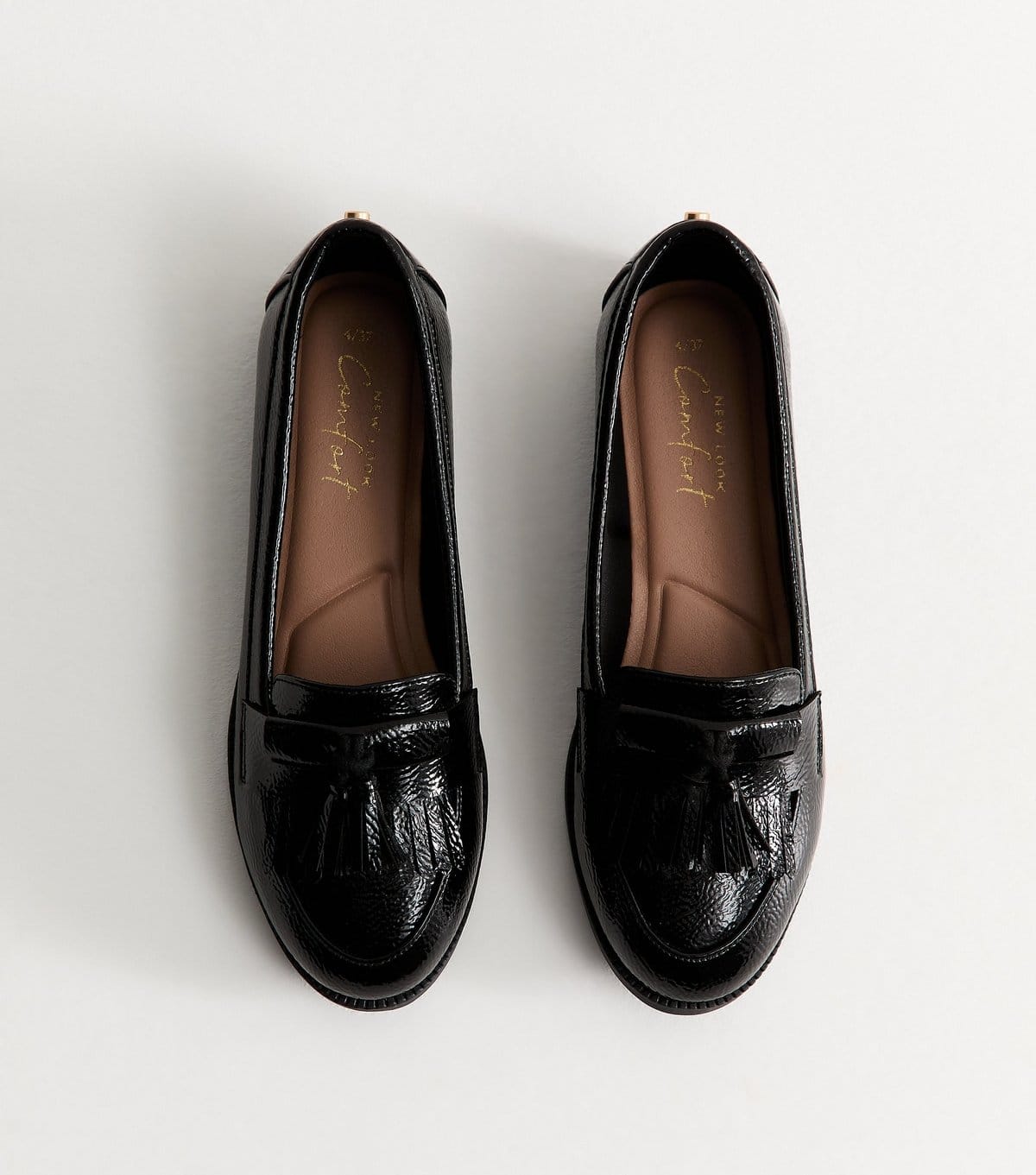 New Look Women's Black Faux Patent Leather Crinkle Texture Tassel Loafers Vegan New Look - 1