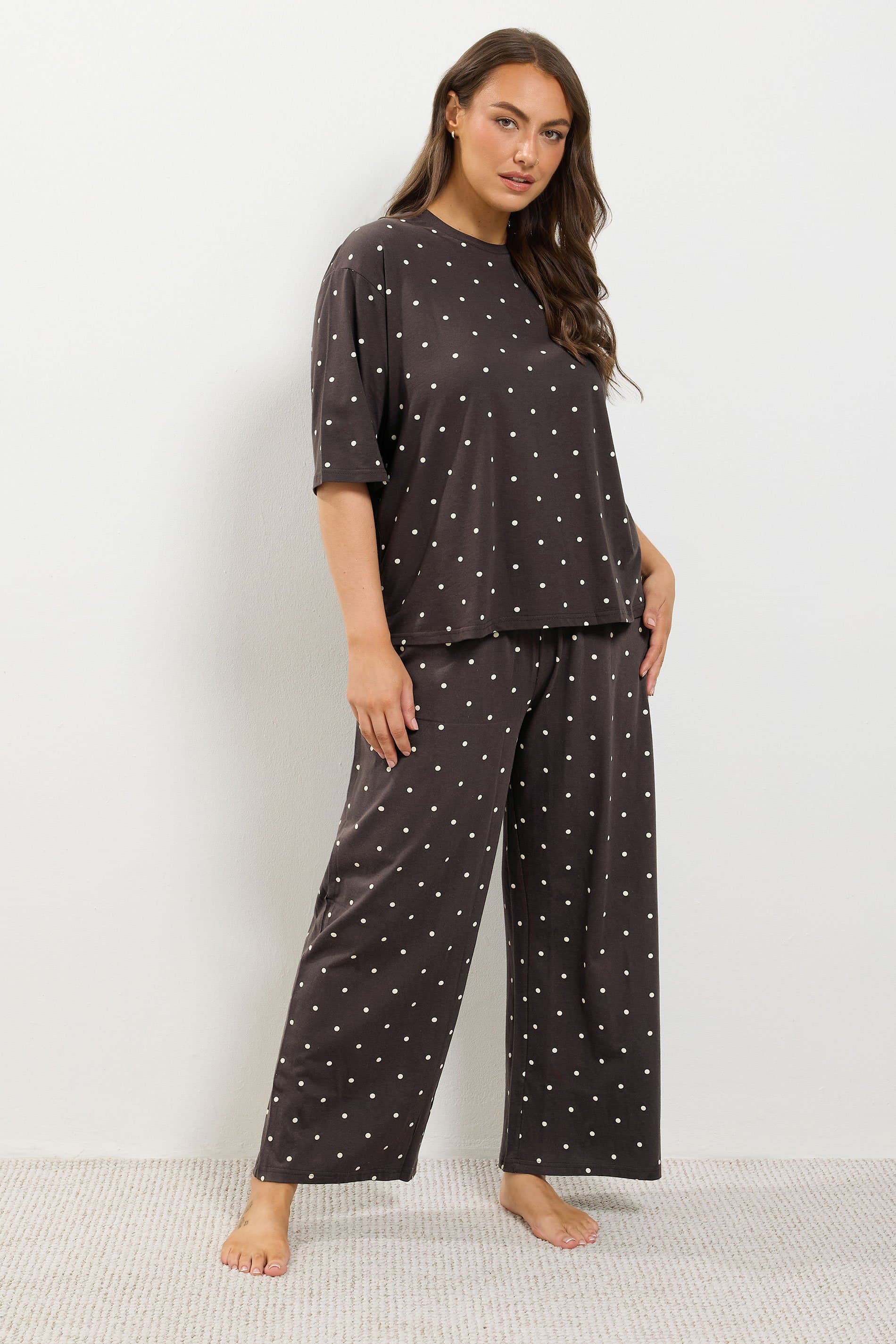 Yours Plus Size Chocolate Brown Cotton Polka Dot Pyjama Set