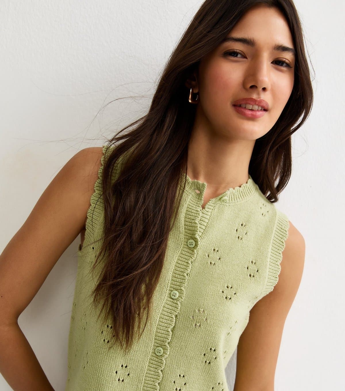 New Look Women's Light Green Cotton Rich Stitch Detail Scallop Trim Waistcoat New Look