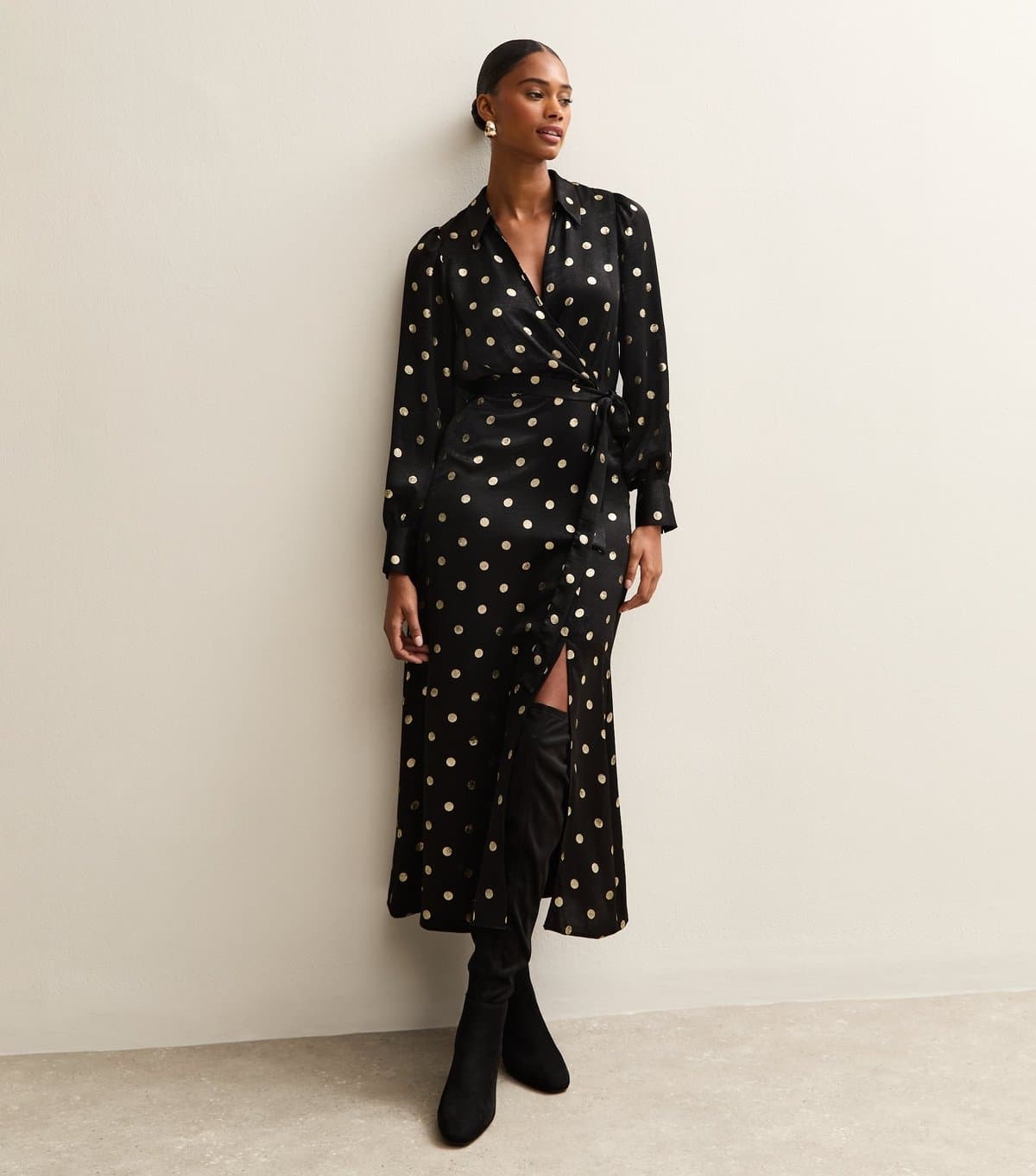 New Look Women's Black Spot Print Satin Wrap Midi Dress New Look