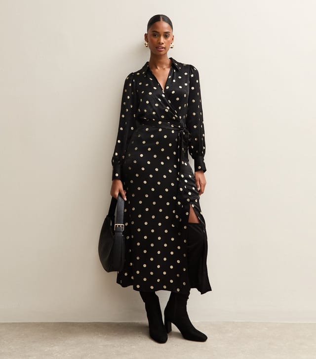 New Look Women's Black Spot Print Satin Wrap Midi Dress New Look - 3