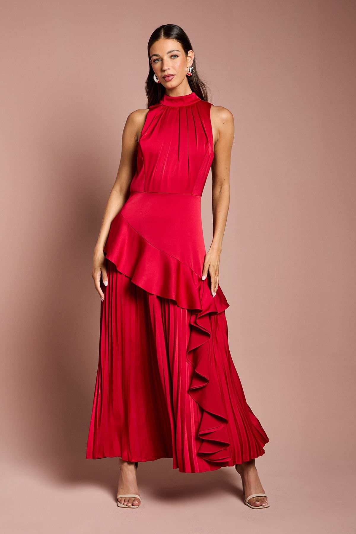 Coast Coast Women's Sleeveless Ruffle Pleat Satin Back Crepe Dress in Red