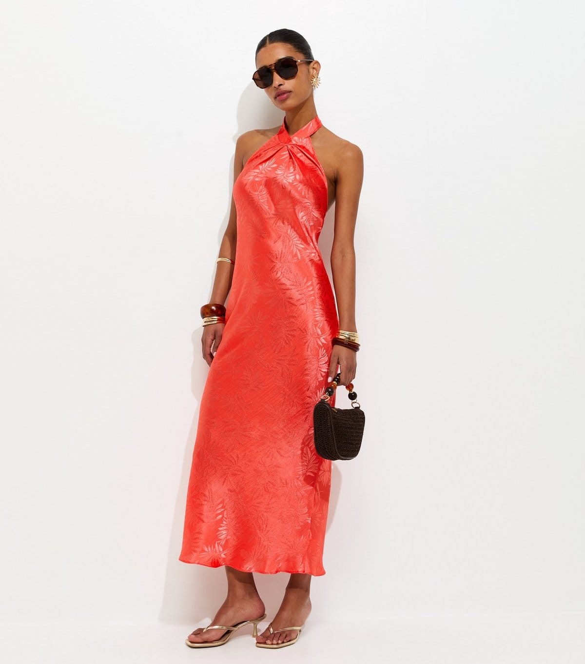 New Look Coral Palm Leaf Jacquard Halter Neck Maxi Dress
