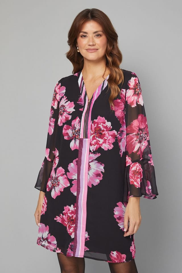 Wallis Wallis Women's Printed Zip Front Shift Dress in Black - 2