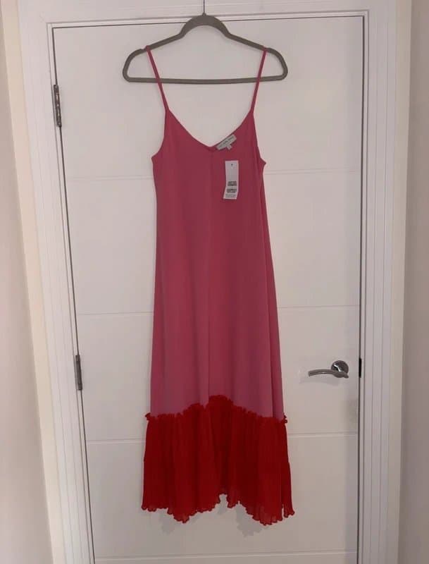 Never Fully Dressed Never Fully Dressed Pink Red Ruffle Hem Shift Midi Dress Size S Party Summer Styish