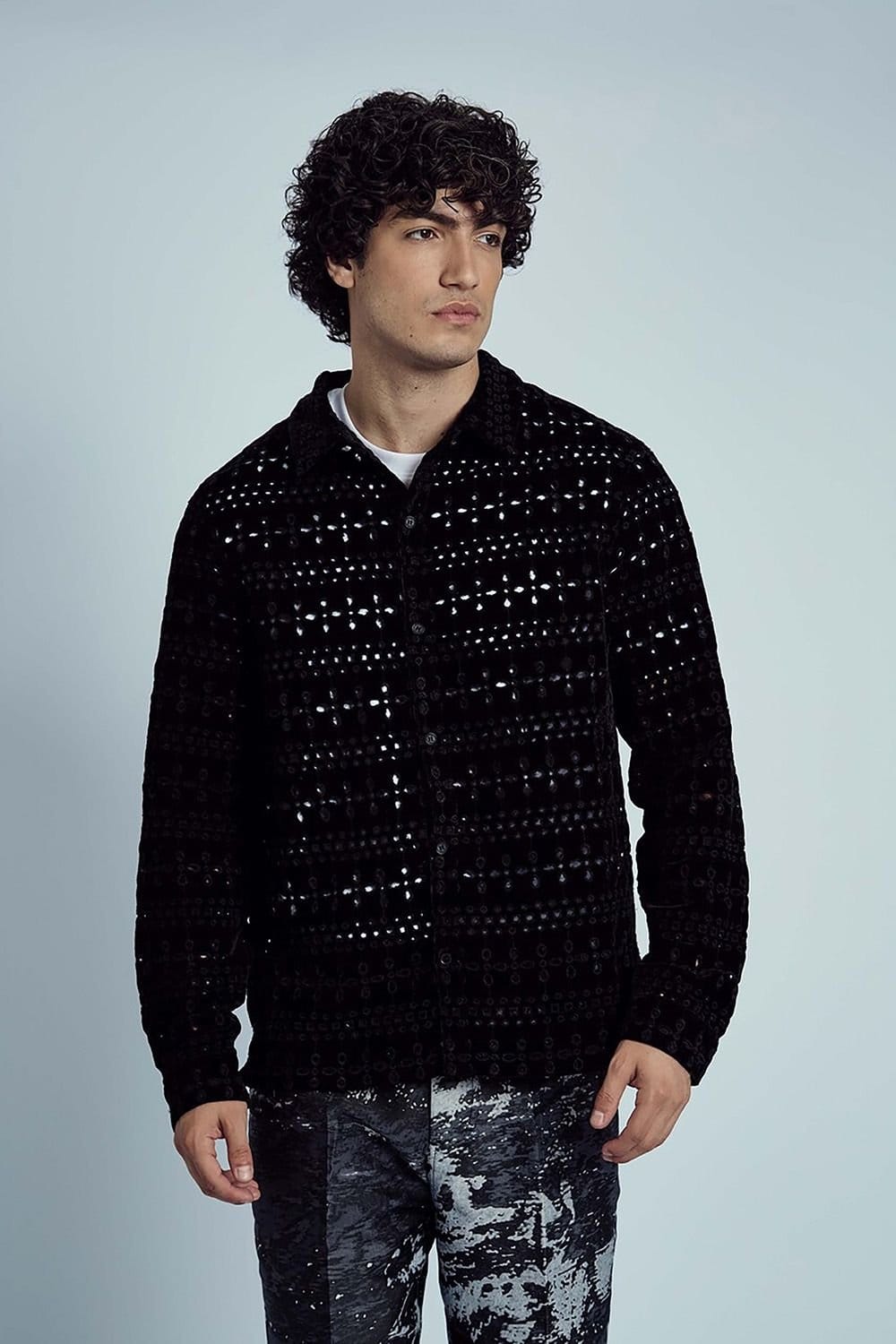 Native Youth Black Velvet Broderie Shirt for Men